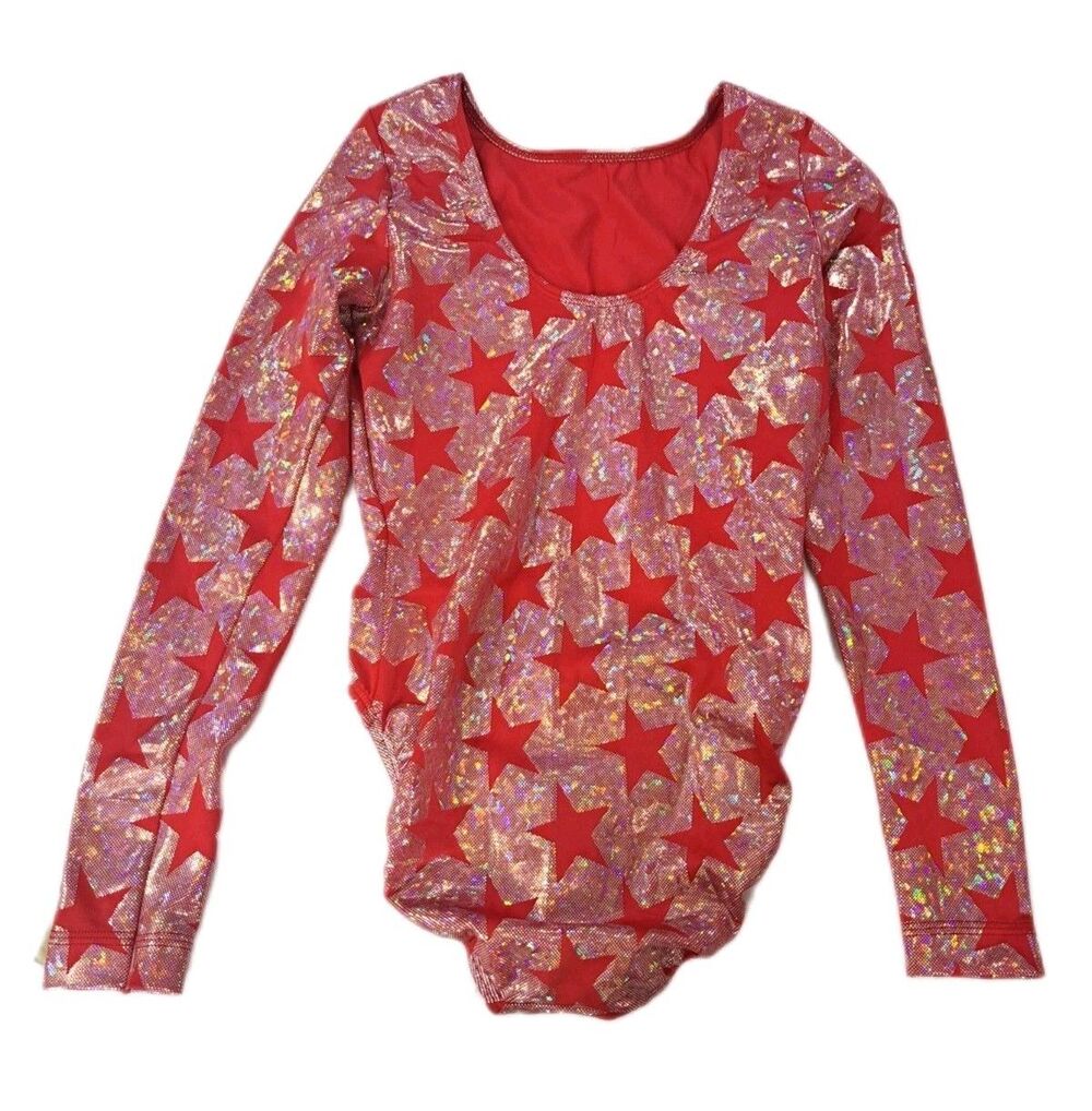 GK Elite VTG Holographic Americana Red Star Shimmering LS Logo Leotard Size AXL - Picture 12 of 16